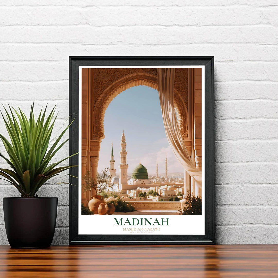 Elegant Saudi Arabia travel poster showing the Prophet Mosque Green Dome and surrounding minarets in warm terracotta and gold tones. Created by MapYourDreams, this artwork is available in flexible options including unframed paper, custom wooden frames, and gallery canvas wraps for bedroom wall art.