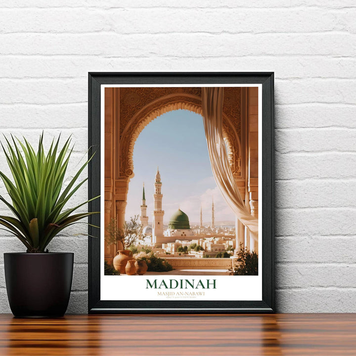 Elegant Saudi Arabia travel poster showing the Prophet Mosque Green Dome and surrounding minarets in warm terracotta and gold tones. Created by MapYourDreams, this artwork is available in flexible options including unframed paper, custom wooden frames, and gallery canvas wraps for bedroom wall art.