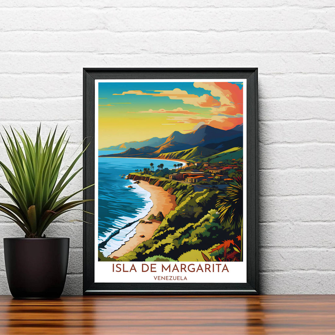 Vibrant island landscape print of Margarita Island designed for beach houses, modern living rooms, and bedroom wall decor. A signature piece from MapYourDreams, this artwork comes ready for display as unframed paper, framed art, or stretched canvas.