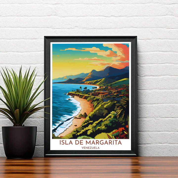 Vibrant island landscape print of Margarita Island designed for beach houses, modern living rooms, and bedroom wall decor. A signature piece from MapYourDreams, this artwork comes ready for display as unframed paper, framed art, or stretched canvas.