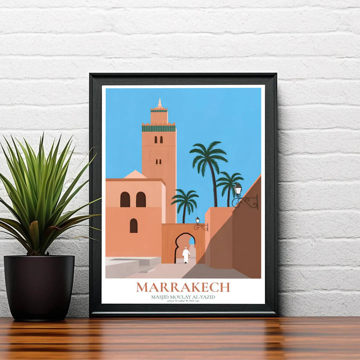 Elegant Morocco travel poster showing Kasbah Mosque architecture framed by lush palm trees and sun baked terracotta walls. Created by MapYourDreams, this artwork is available in flexible options including unframed paper, custom wooden frames, and gallery canvas wraps for bedroom wall art.