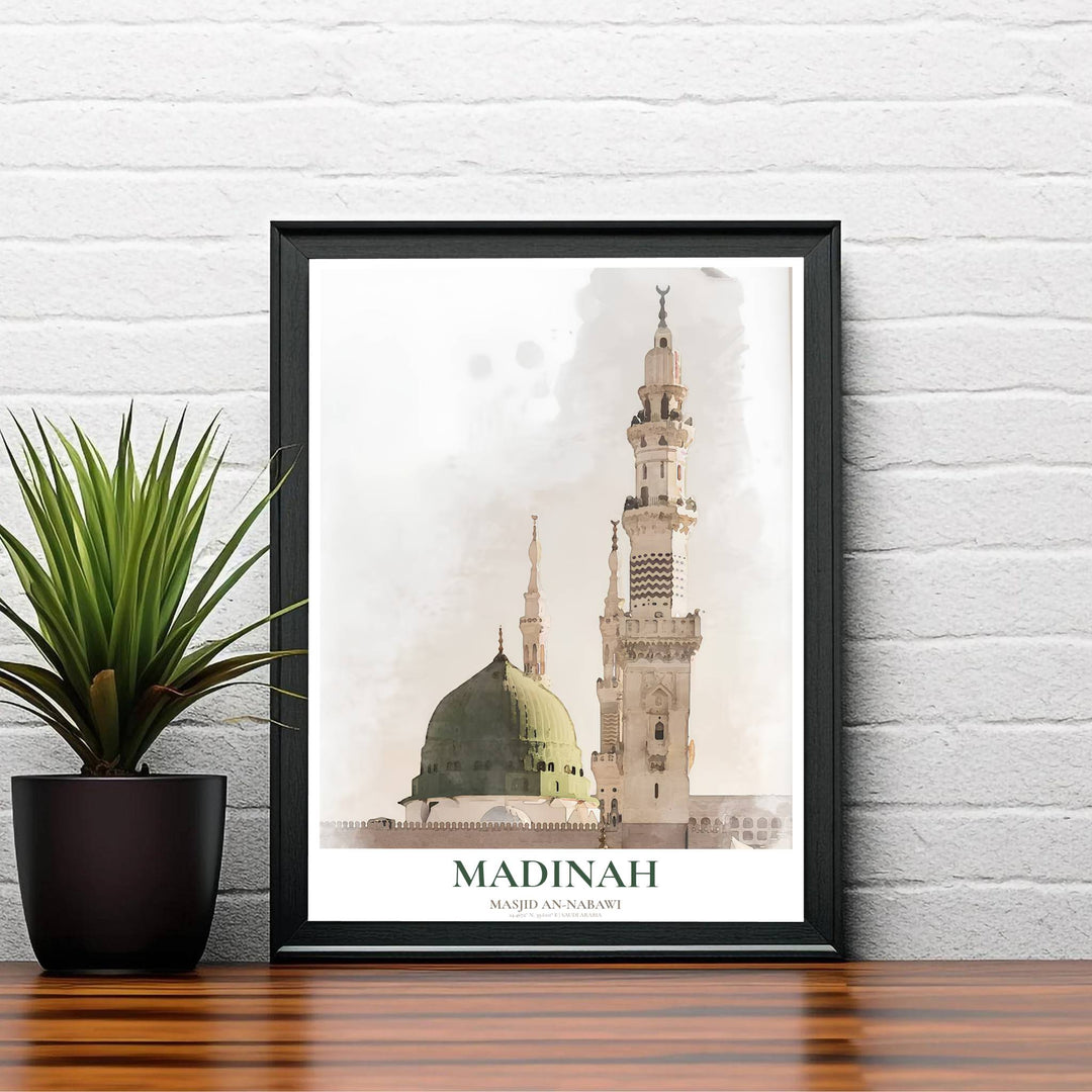 Elegant Saudi Arabia travel poster showing the Prophet Mosque Green Dome and towering minaret in muted watercolor textures. Created by MapYourDreams, this artwork is available in flexible options including unframed paper, custom wooden frames, and gallery canvas wraps for bedroom wall art.