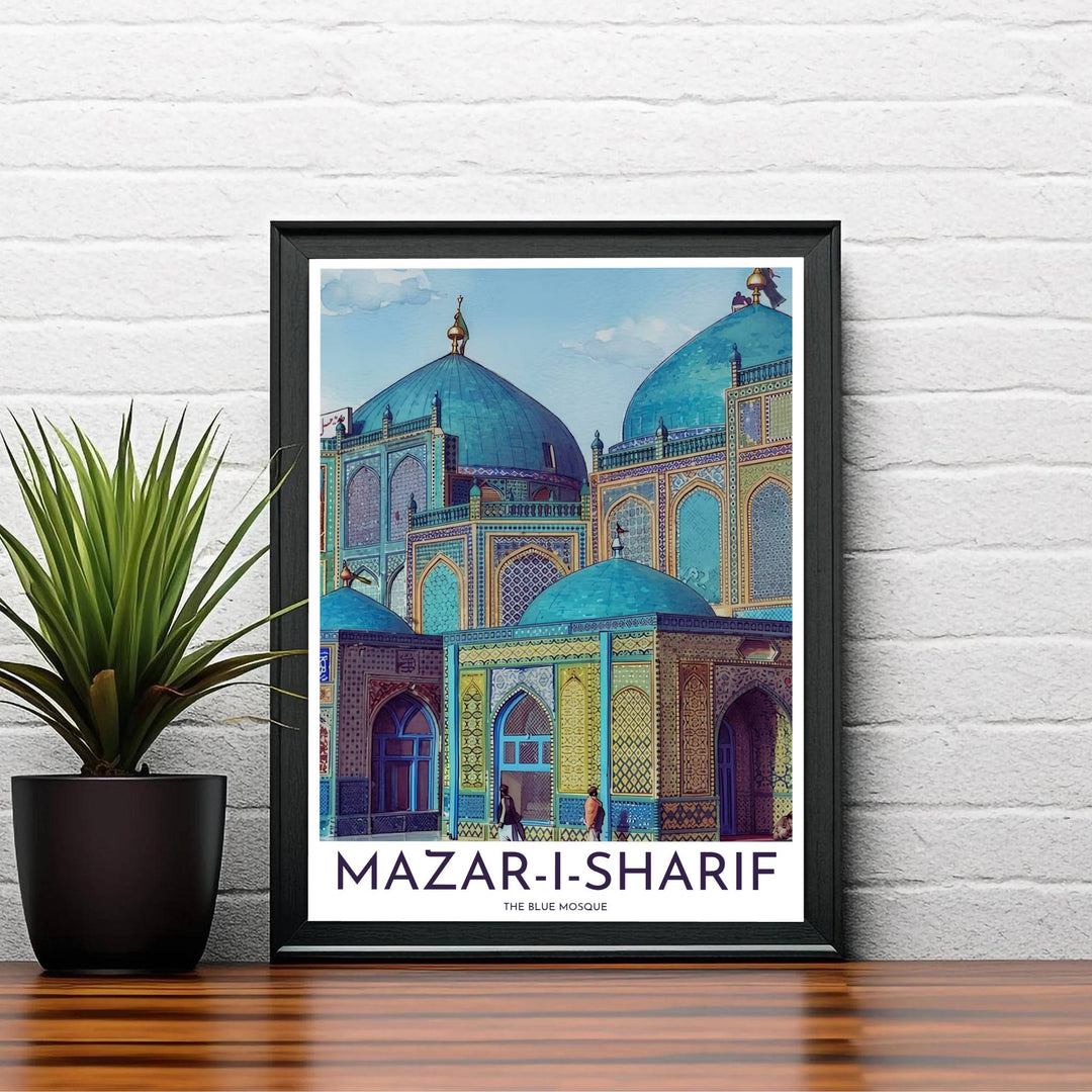 Elegant Afghanistan travel poster showing the Shrine of Ali architecture in Mazar-i-Sharif with courtyard visitors and bright turquoise domes. Created by MapYourDreams, this artwork is available in flexible options including unframed paper, custom wooden frames, and gallery canvas wraps for bedroom wall art.