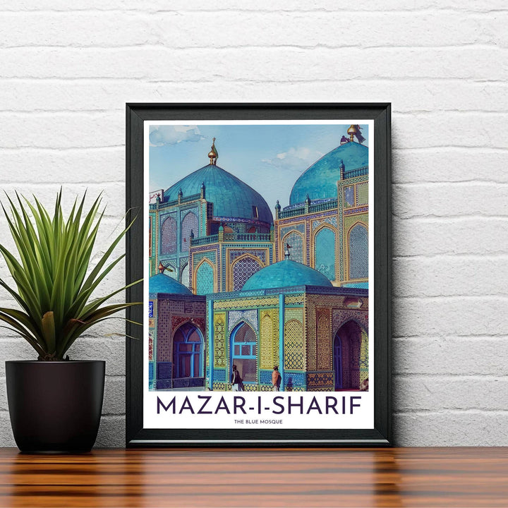 Elegant Afghanistan travel poster showing the Shrine of Ali architecture in Mazar-i-Sharif with courtyard visitors and bright turquoise domes. Created by MapYourDreams, this artwork is available in flexible options including unframed paper, custom wooden frames, and gallery canvas wraps for bedroom wall art.