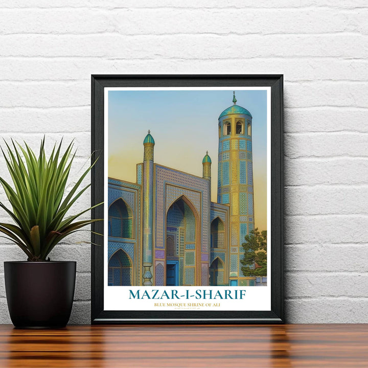 Elegant Afghanistan travel poster showing the Shrine of Ali architecture in Mazar-i-Sharif with slender turrets and blue tile mosaics. Created by MapYourDreams, this artwork is available in flexible options including unframed paper, custom wooden frames, and gallery canvas wraps for bedroom wall art.