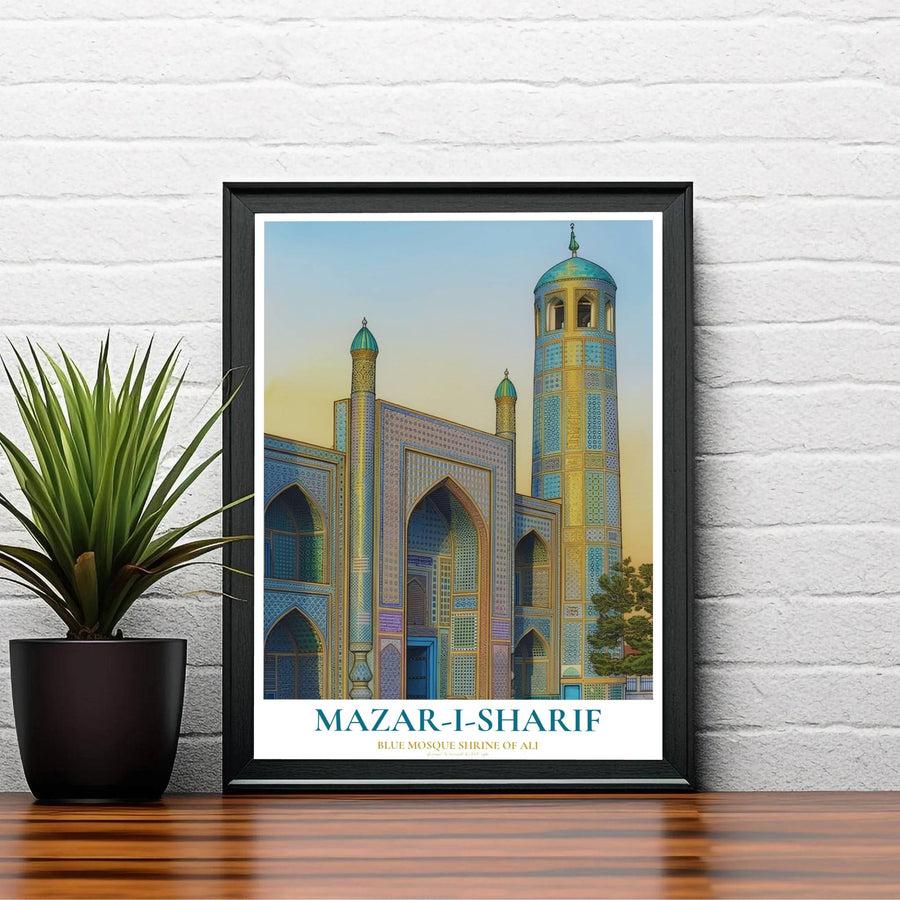 Elegant Afghanistan travel poster showing the Shrine of Ali architecture in Mazar-i-Sharif with slender turrets and blue tile mosaics. Created by MapYourDreams, this artwork is available in flexible options including unframed paper, custom wooden frames, and gallery canvas wraps for bedroom wall art.