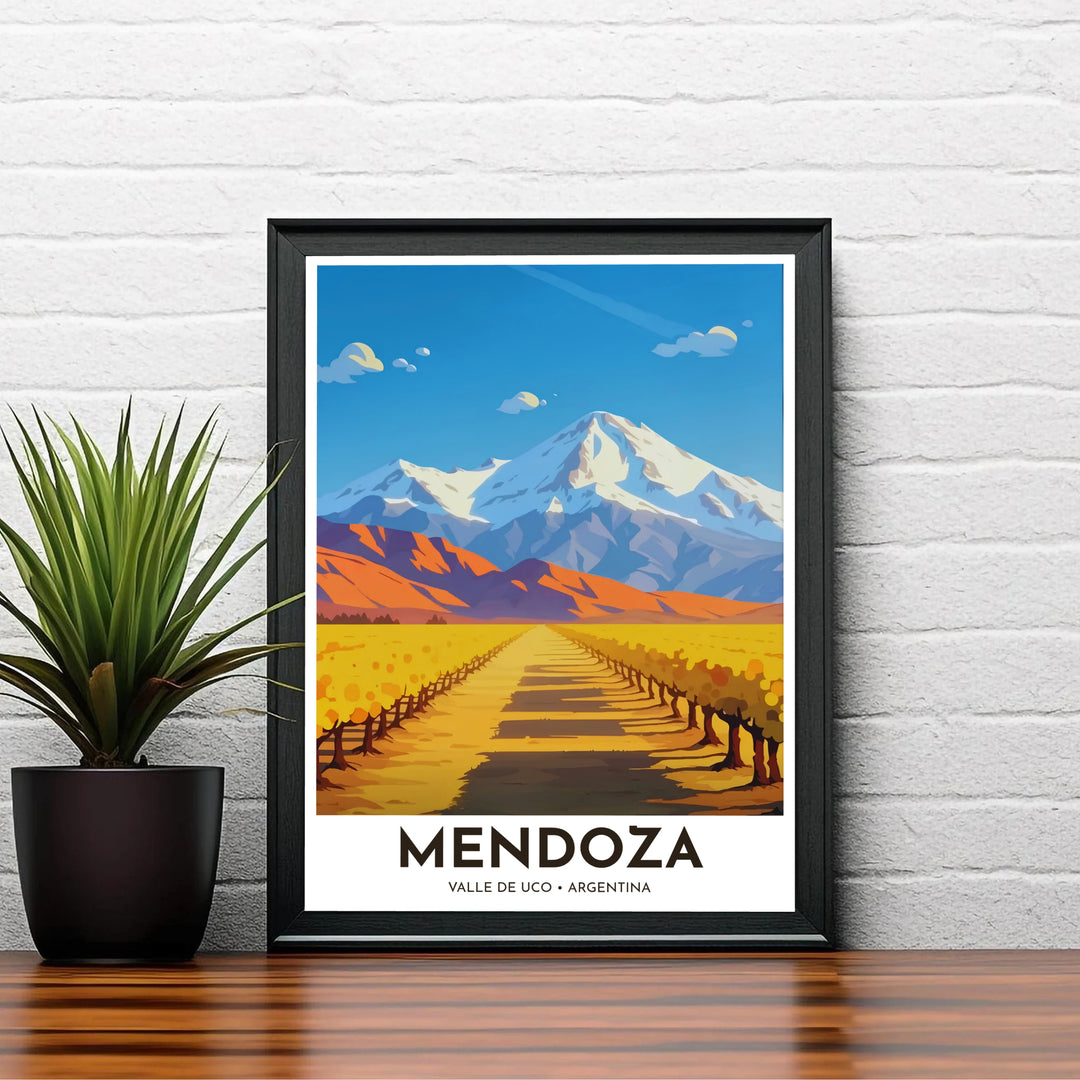 Dramatic Andes wine region print of Mendoza designed for dining room, kitchen, and wine tasting room wall decor. A signature piece from MapYourDreams, this artwork comes ready for display as unframed paper, framed art, or stretched canvas.