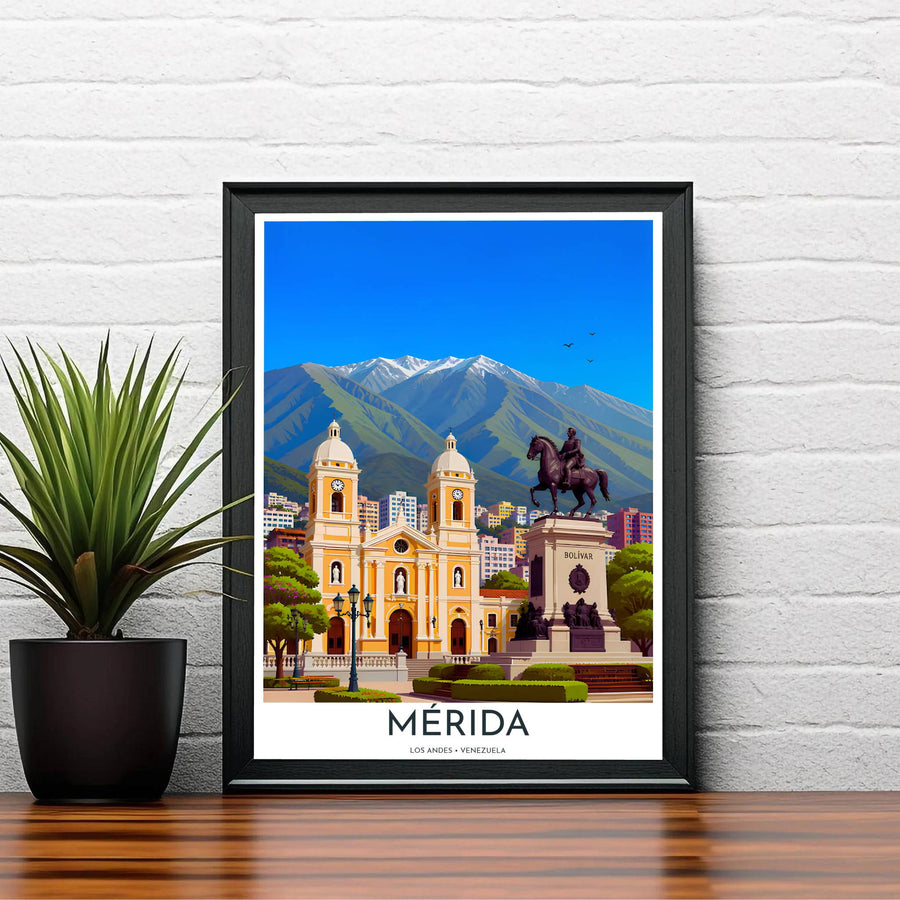 Fine art travel poster featuring margin headers reading MÉRIDA LOS ANDES VENEZUELA beneath a detailed cathedral mountain illustration. Available directly from MapYourDreams, this print comes in versatile mediums including roll-packed paper, custom frames, or canvas wraps.