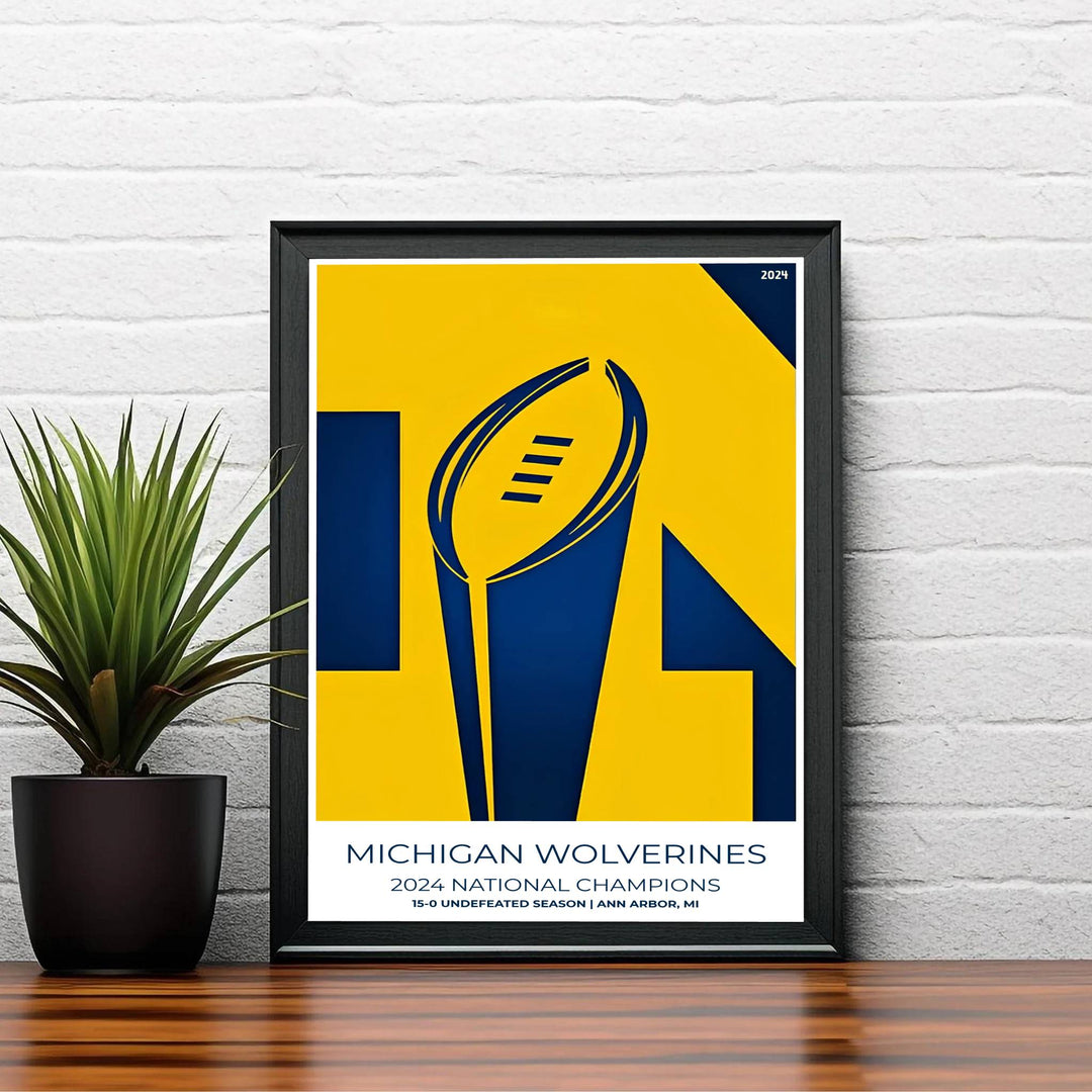 Elegant college football print showing Michigan Wolverines 2024 National Champions text and 15-0 undefeated season notes. Created by MapYourDreams, this artwork is available in flexible options including unframed paper, custom wooden frames, and gallery canvas wraps for bedroom wall art.