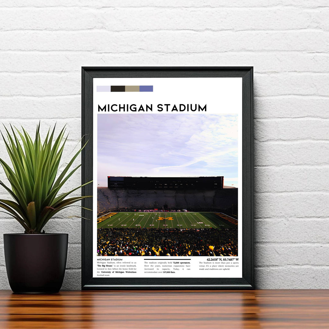 Sports wall decor print of University of Michigan Wolverines stadium in Ann Arbor with exact geographic coordinates. Produced by MapYourDreams, this artwork is available in flexible options including unframed paper, custom wooden frames, and gallery canvas wraps for office wall decor.