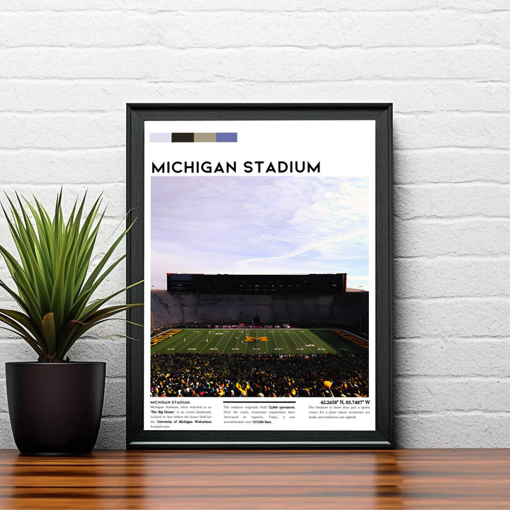 Sports wall decor print of University of Michigan Wolverines stadium in Ann Arbor with exact geographic coordinates. Produced by MapYourDreams, this artwork is available in flexible options including unframed paper, custom wooden frames, and gallery canvas wraps for office wall decor.