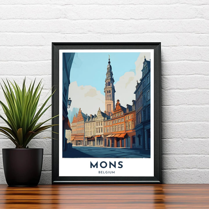Graphic art print featuring warm terracotta buildings, orange storefront awnings, and a tall belfry in Mons, Belgium. Choose your preferred finish from standalone unframed matte paper, custom decorative frames, or ready-to-hang gallery canvas options.