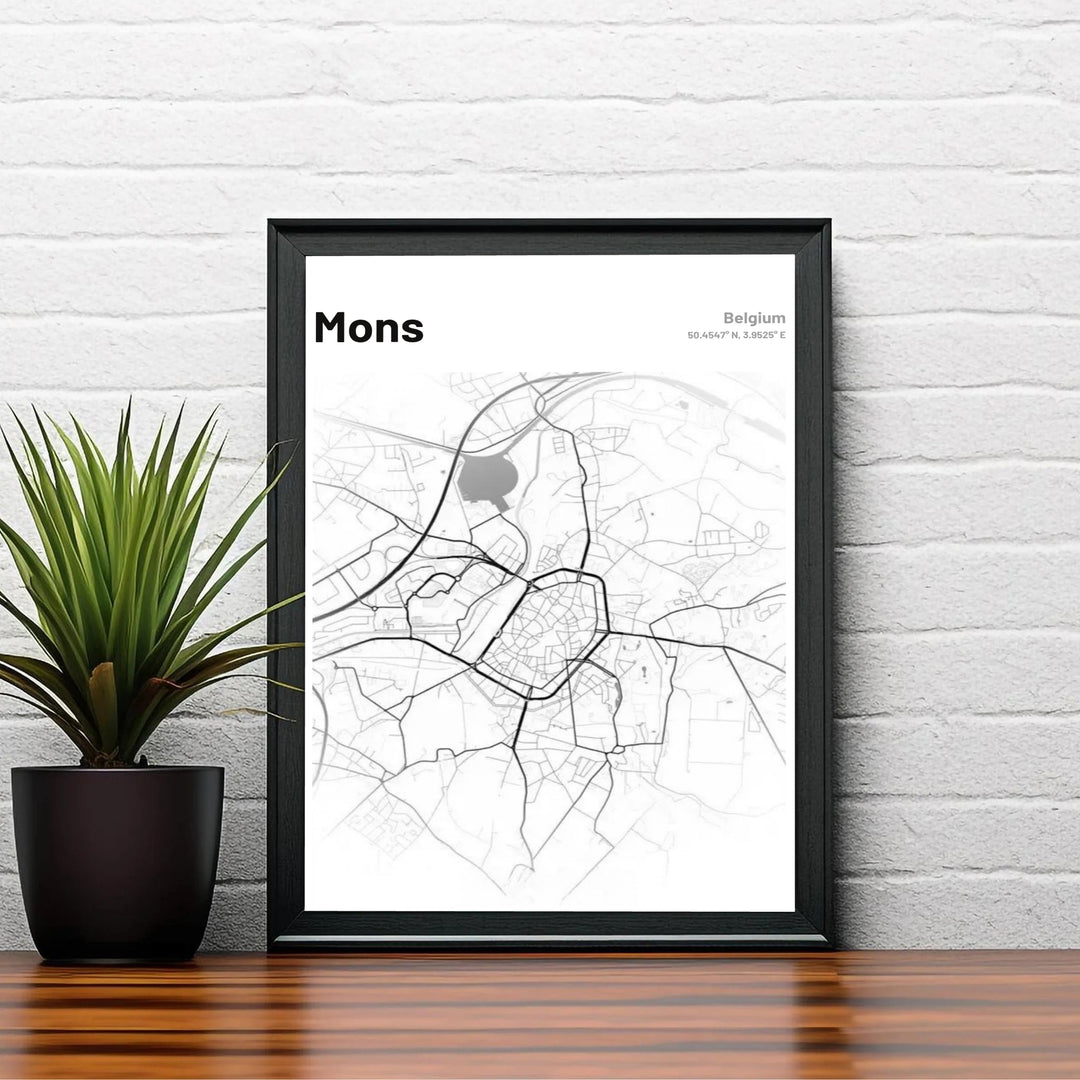 Artistic street layout design depicting the city of Mons in Belgium, presented in high-contrast black and grey on bright white paper. Offered by MapYourDreams, this artwork is available in flexible options including unframed paper, custom wooden frames, and gallery canvas wraps.
