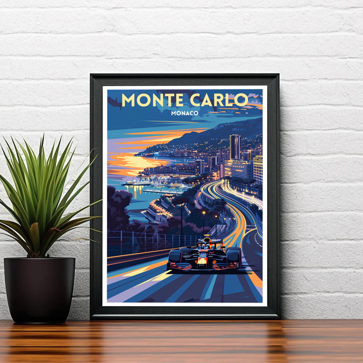 A modern illustration of a racing car navigating the iconic Monte Carlo street circuit in Monaco during dusk, surrounded by illuminated yachts and luxury harbor architecture; available for your home decor setup as an unframed poster, canvas print, or custom framed display.