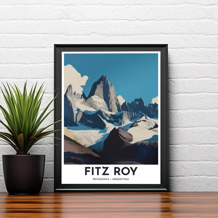South American mountain poster depicting Mount Fitz Roy bathed in cool alpine light with modern typography headers. Created by MapYourDreams, this artwork is adaptable for any interior in unframed prints, solid wooden frames, or gallery canvas wraps.