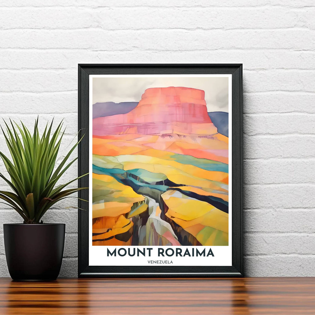 Fine art travel poster featuring margin headers reading MOUNT RORAIMA VENEZUELA beneath a painterly abstract mountain landscape illustration. Available directly from MapYourDreams, this print comes in versatile mediums including roll-packed paper, custom frames, or canvas wraps.