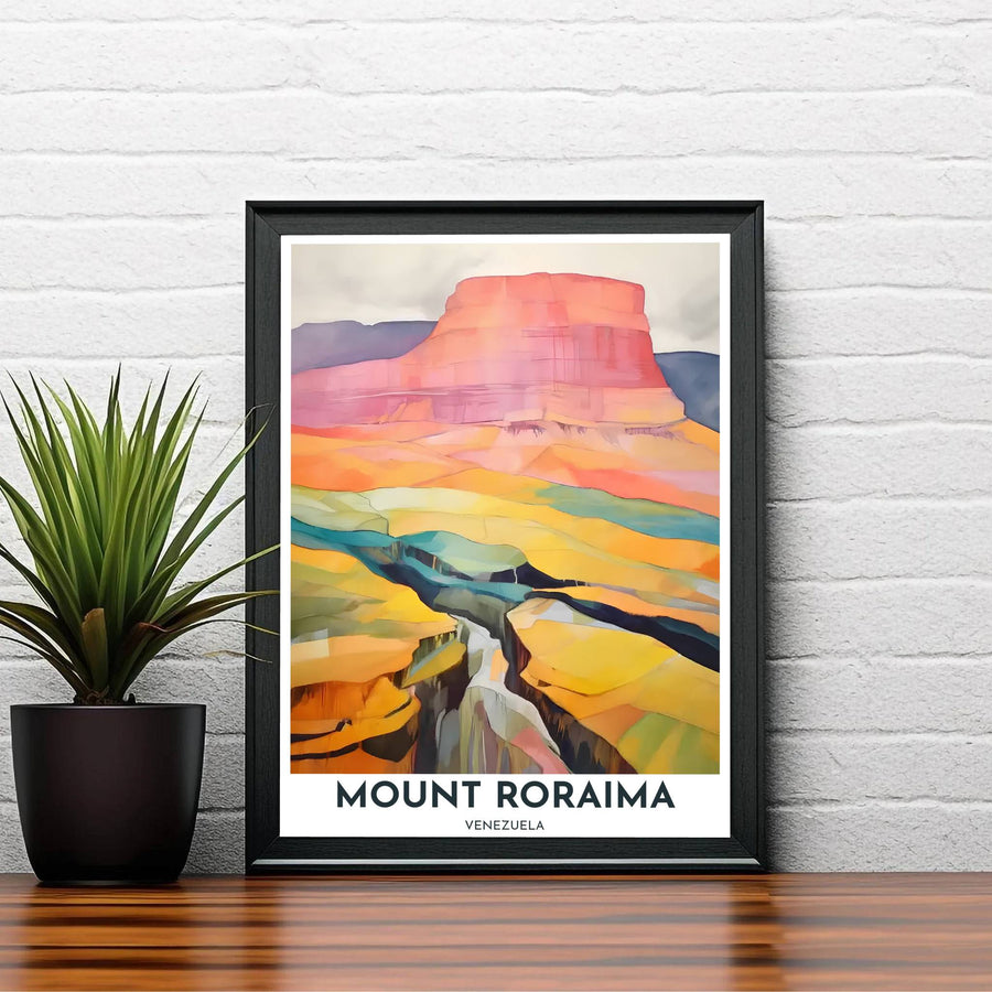 Fine art travel poster featuring margin headers reading MOUNT RORAIMA VENEZUELA beneath a painterly abstract mountain landscape illustration. Available directly from MapYourDreams, this print comes in versatile mediums including roll-packed paper, custom frames, or canvas wraps.