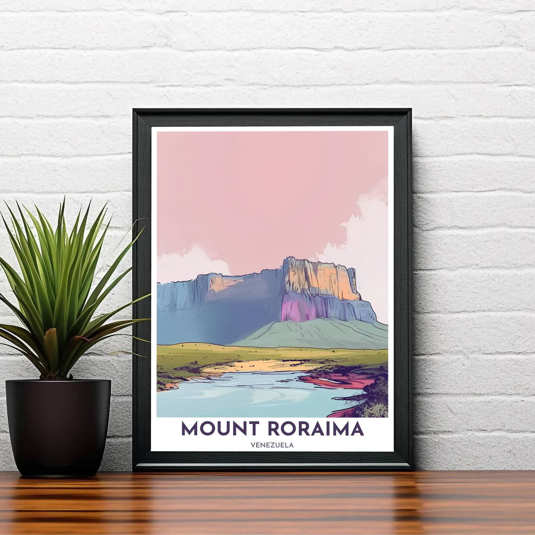 Fine art travel poster featuring margin headers reading MOUNT RORAIMA VENEZUELA beneath a minimalist pastel mountain illustration. Available directly from MapYourDreams, this print comes in versatile mediums including roll-packed paper, custom frames, or canvas wraps.