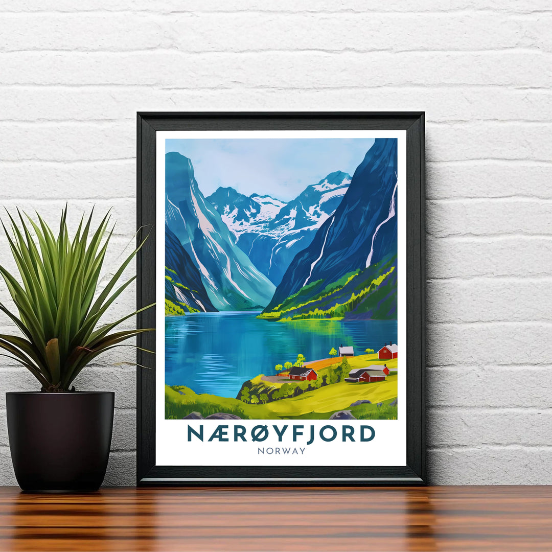 Charming travel poster illustrating the sunny valley and steep fjord cliffs of Nærøyfjord in Norway with vibrant natural tones. Designed to bring European beauty into home interiors, this fine print comes in versatile finishes including unframed paper prints, sleek framed wall art, and stretched canvas options.