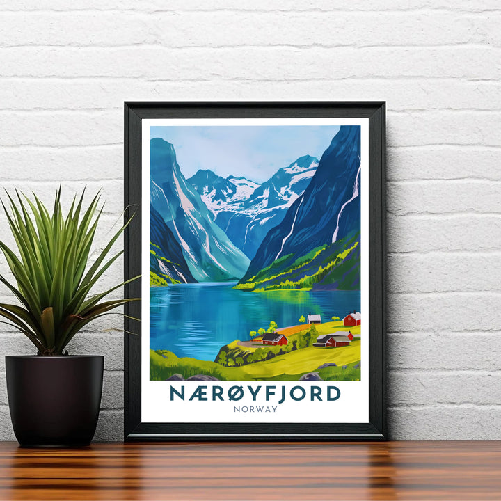 Charming travel poster illustrating the sunny valley and steep fjord cliffs of Nærøyfjord in Norway with vibrant natural tones. Designed to bring European beauty into home interiors, this fine print comes in versatile finishes including unframed paper prints, sleek framed wall art, and stretched canvas options.