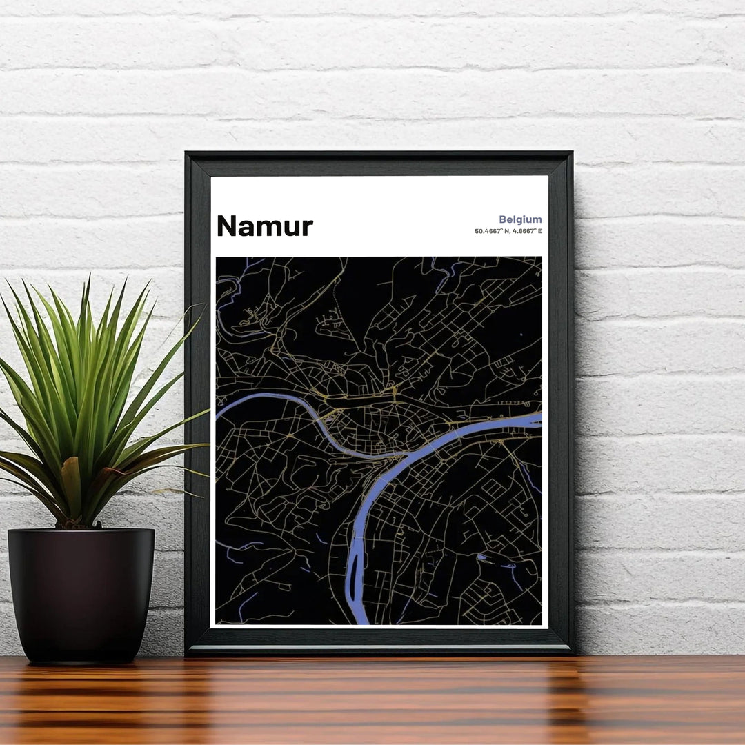 Artistic dark mode street layout print depicting Namur in Belgium, rendered in rich gold, deep black, and periwinkle blue cartographic vectors. Offered by MapYourDreams, this artwork is available in flexible options including unframed paper, custom wooden frames, and gallery canvas wraps.