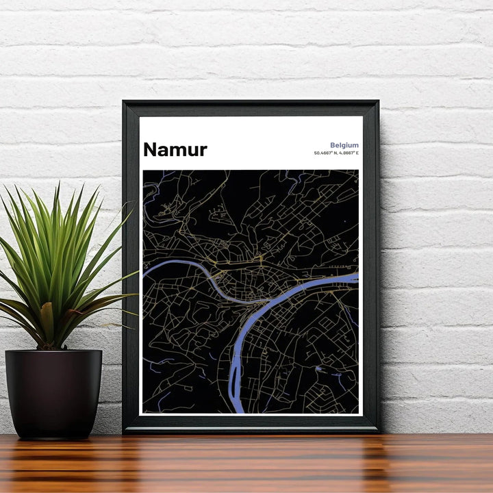Artistic dark mode street layout print depicting Namur in Belgium, rendered in rich gold, deep black, and periwinkle blue cartographic vectors. Offered by MapYourDreams, this artwork is available in flexible options including unframed paper, custom wooden frames, and gallery canvas wraps.