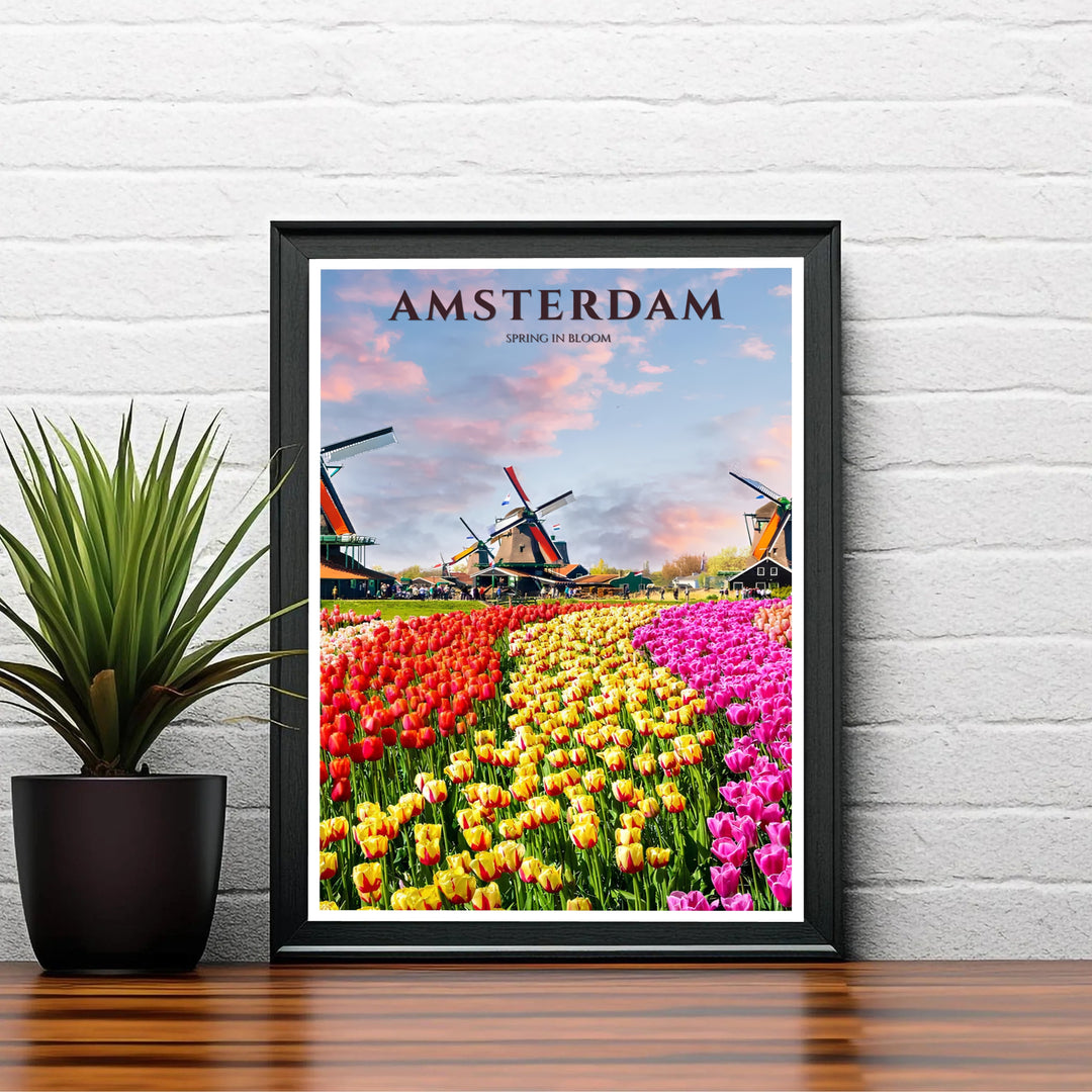 Classic spring travel print featuring pink red and yellow tulips lined up toward wooden windmills in the Netherlands, available from MapYourDreams with options including an unframed archival paper poster, stretched gallery canvas, or custom framed wall art suited for romantic bedrooms.