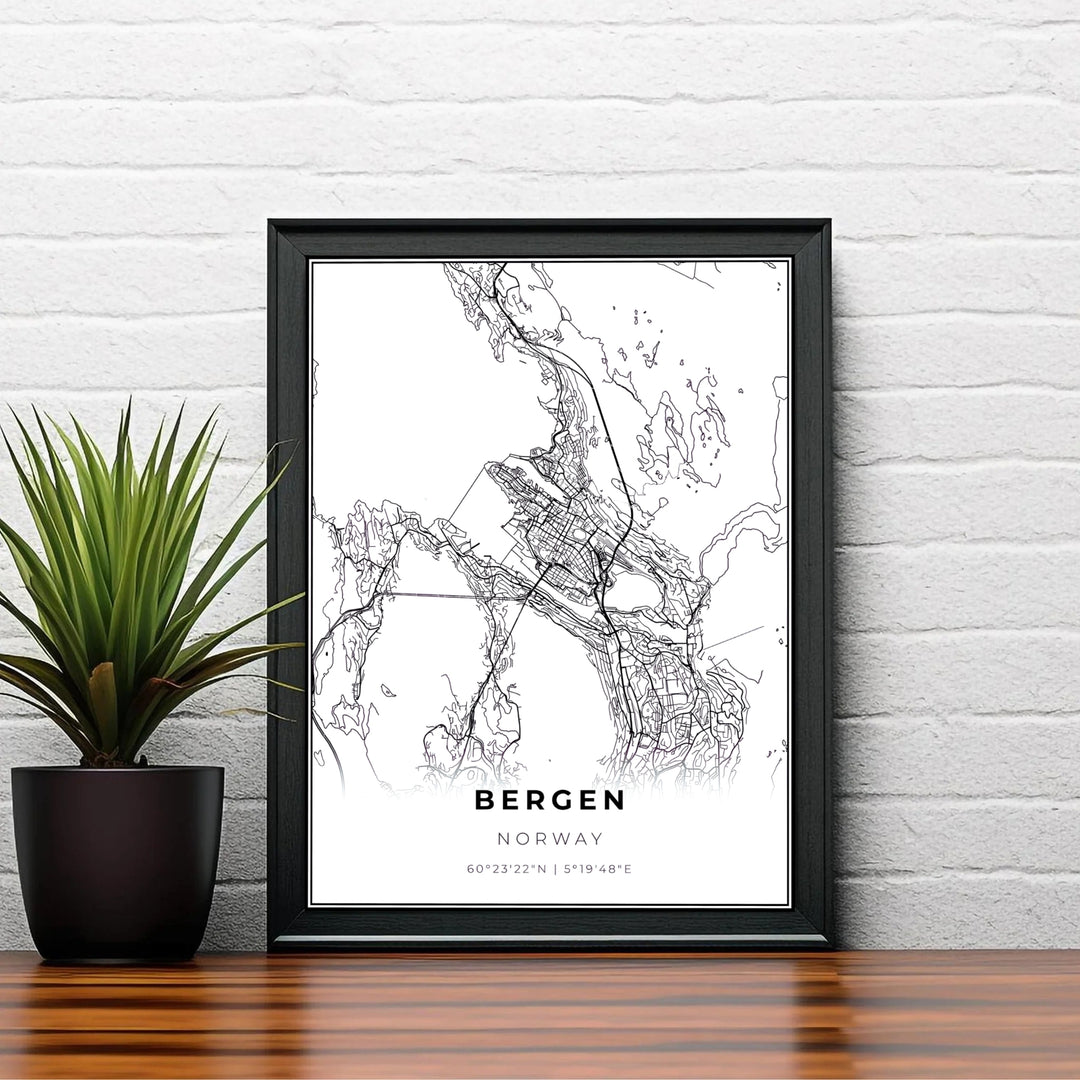 Geometric urban map illustration highlighting the street grid and harbor layout of Bergen in Norway with minimalist styling. Designed to bring Scandinavian elegance into home interiors, this fine print comes in versatile finishes including unframed paper prints, sleek framed wall art, and stretched canvas options.
