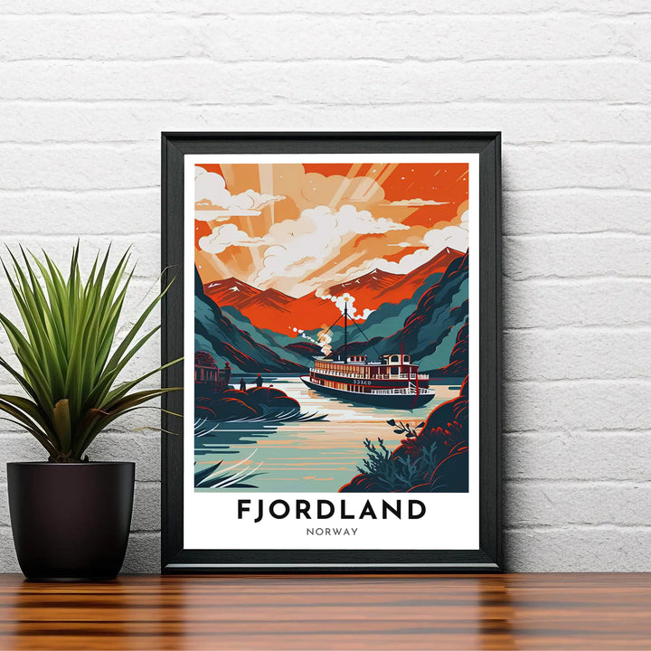 Colorful vintage travel artwork capturing a sunset voyage through a Norwegian fjord with bold clouds and mountain silhouettes. Designed to bring retro charm into home interiors, this fine print comes in versatile finishes including unframed paper prints, sleek framed wall art, and stretched canvas options.