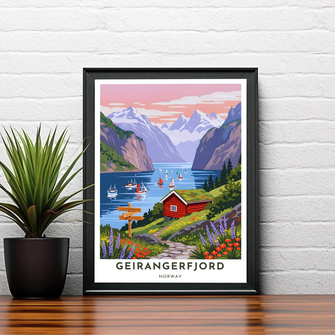 Soft pastel sunset artwork of Geirangerfjord Norway with majestic mountain peaks, sailboats, and a traditional red Scandinavian house. Designed to bring natural charm into home interiors, this fine print comes in versatile finishes including unframed paper prints, sleek framed wall art, and stretched canvas options.