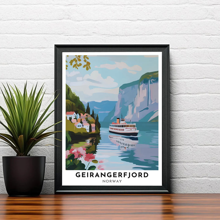 Nostalgic Scandinavian artwork depicting Geirangerfjord Norway with a passenger vessel and vibrant foreground flora along the shoreline. Perfect for hallway or office layouts, choose from custom framed options, unframed fine art paper prints, or gallery wrapped canvas displays.