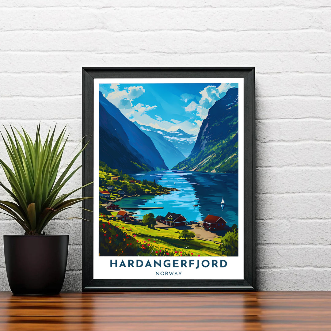 Sunlit Scandinavian artwork depicting Hardangerfjord Norway with traditional Nordic architecture and vibrant summer vegetation along the shore. Perfect for hallway or office layouts, choose from custom framed options, unframed fine art paper prints, or gallery wrapped canvas displays.