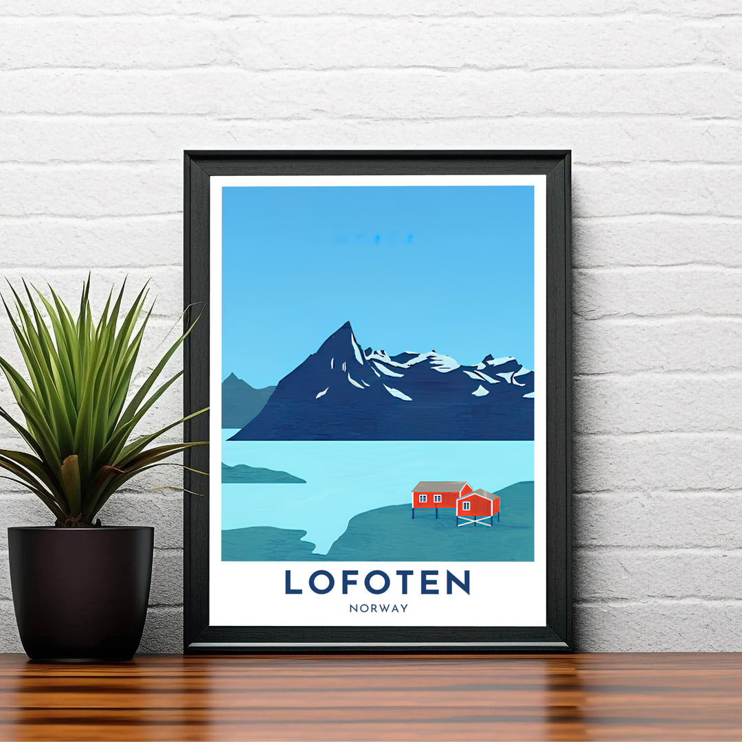 Cool turquoise water landscape poster of Lofoten Norway showing red rorbuer cabins resting quietly along the shore. Designed for interior decoration, this fine print comes as unframed paper prints, sleek framed wall art, and gallery wrapped canvas displays.