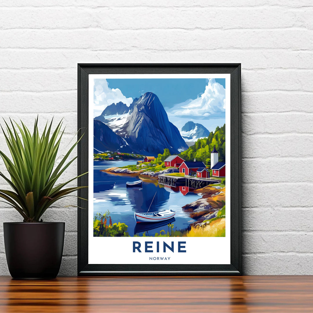 Detailed travel illustration of Reine in Lofoten Norway with waterfront cottages and quiet boats anchored in a glasslike alpine bay. MapYourDreams offers this mountain landscape artwork in versatile forms such as unframed paper prints, solid wood framed setups, and gallery wrapped canvas options.