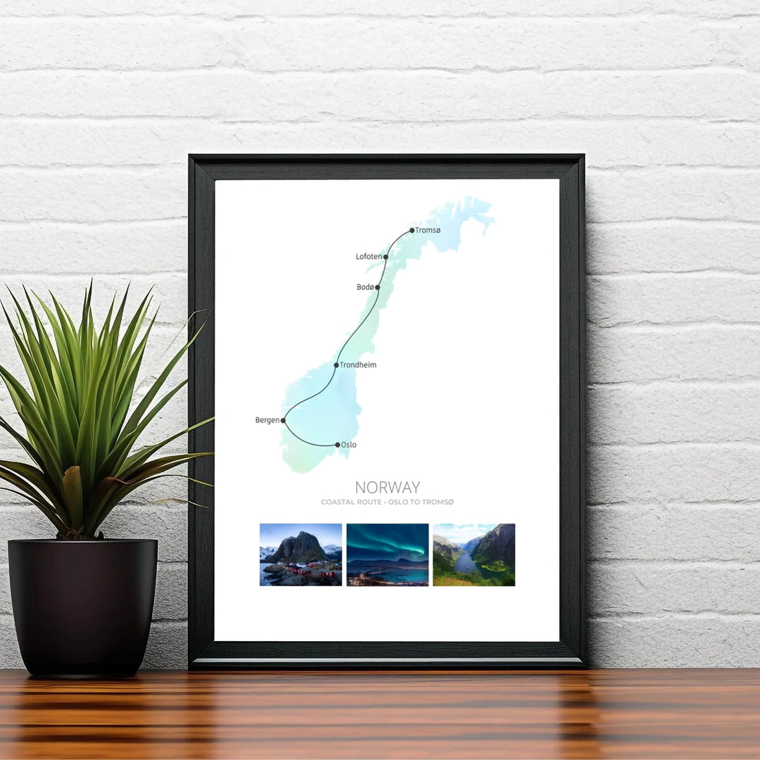 Minimalist Norwegian map art illustrating the transit path from Oslo to Tromsø across major coastal cities and northern islands. Designed to suit any room aesthetic, this print is produced in simple unframed poster paper, custom wood framed setups, and gallery stretched canvas art.