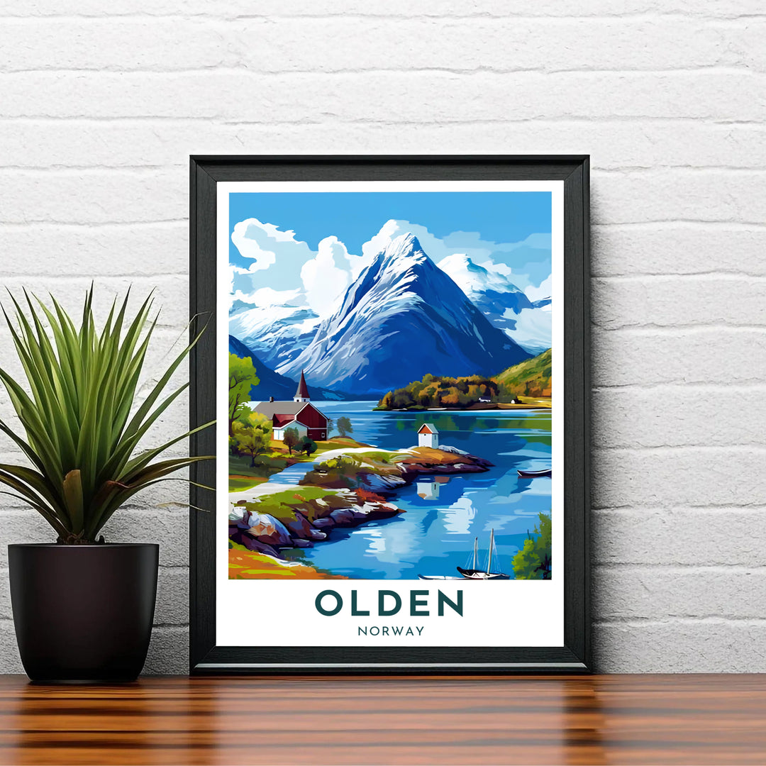 Panoramic travel print depicting Olden Norway with a red-roofed church spire overlooking smooth fjord waters and massive snowcapped mountains. Created by MapYourDreams, this fine art selection includes presentation formats like unframed poster paper, solid wood framed prints, and gallery canvas wraps.