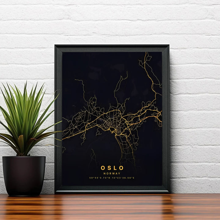 Dark mode aesthetic street map illustration of Oslo Norway highlighted by brilliant gold thoroughfares and coastal shorelines. Created by MapYourDreams, this fine art selection includes presentation formats like unframed poster paper, solid wood framed prints, and gallery canvas wraps.