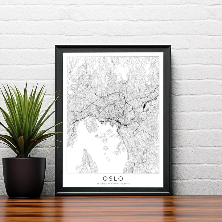 Monochrome vector street map illustration of Oslo Norway highlighted by precise road grids and coastal waterway contours. Created by MapYourDreams, this fine art selection includes presentation formats like unframed poster paper, solid wood framed prints, and gallery canvas wraps.