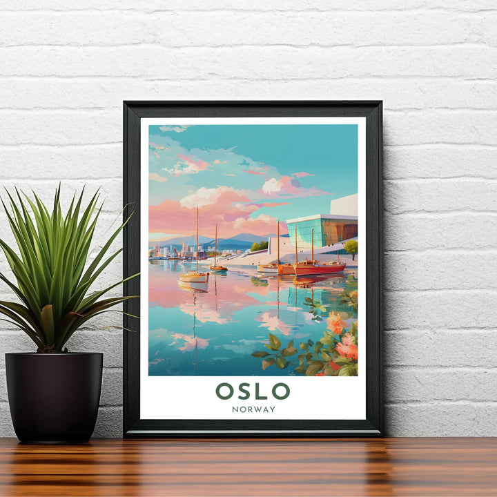 Pastel travel poster depicting the modern waterfront and Oslo Opera House building in Norway under a warm sunset sky. Designed to complement contemporary spaces, this piece is produced in simple unframed poster paper, custom wood framed setups, and gallery stretched canvas art.