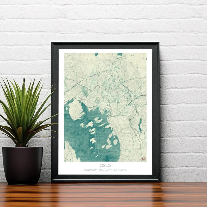 Muted teal vector street map illustration of Oslo Norway highlighted by precise urban grids and realistic fjord coastline contours. Created by MapYourDreams, this fine art selection includes presentation formats like unframed poster paper, solid wood framed prints, and gallery canvas wraps.