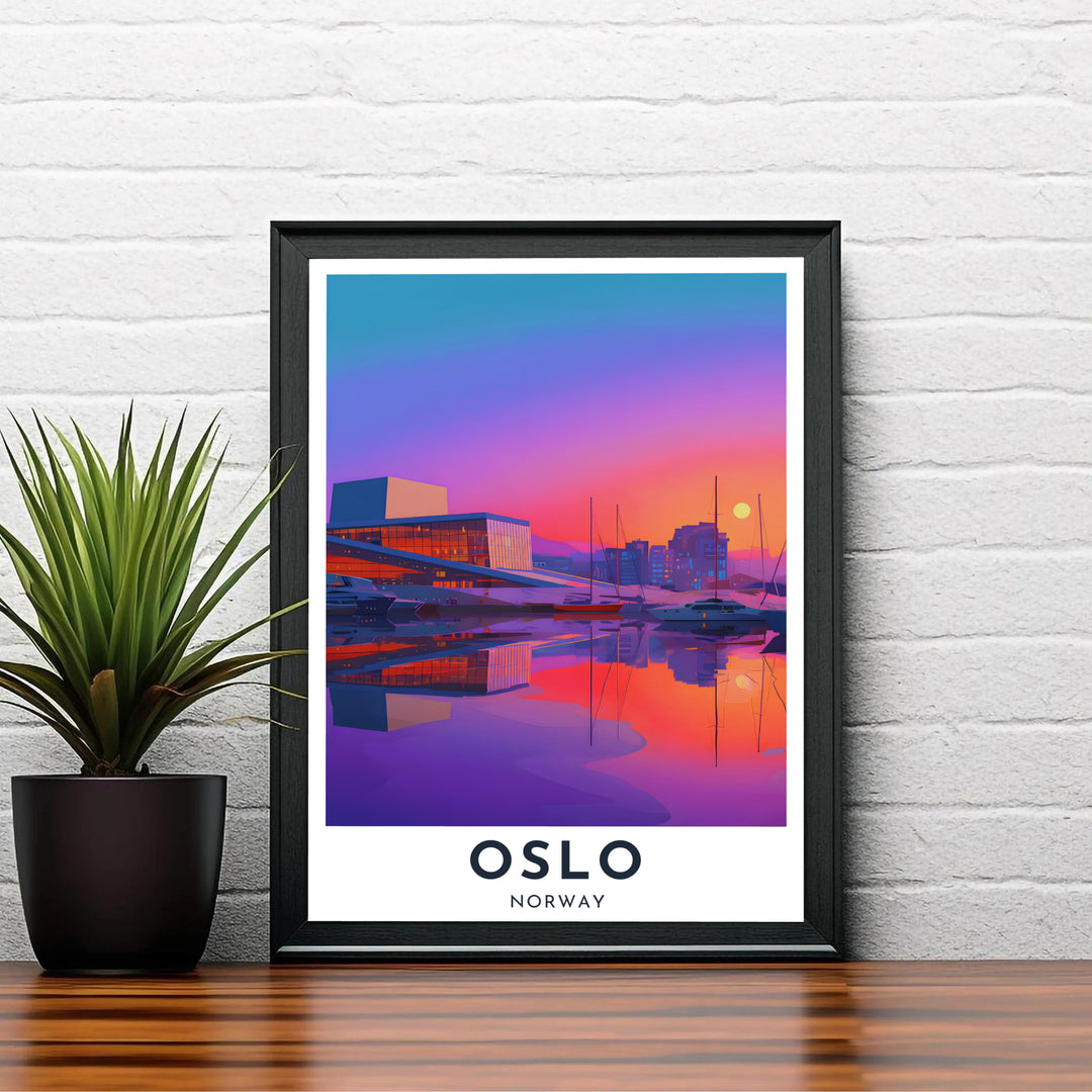 Colorful vector landscape print of the Oslo Opera House harbor front showing sharp architectural angles and glassy water mirror effects in Norway. Created by MapYourDreams, this fine art selection includes presentation formats like unframed poster paper, solid wood framed prints, and gallery canvas wraps.