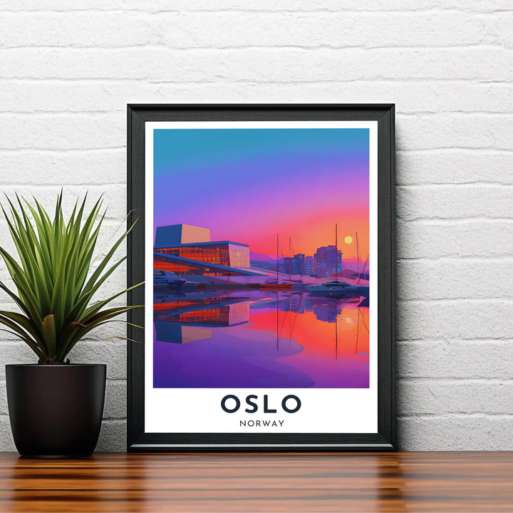 Colorful vector landscape print of the Oslo Opera House harbor front showing sharp architectural angles and glassy water mirror effects in Norway. Created by MapYourDreams, this fine art selection includes presentation formats like unframed poster paper, solid wood framed prints, and gallery canvas wraps.