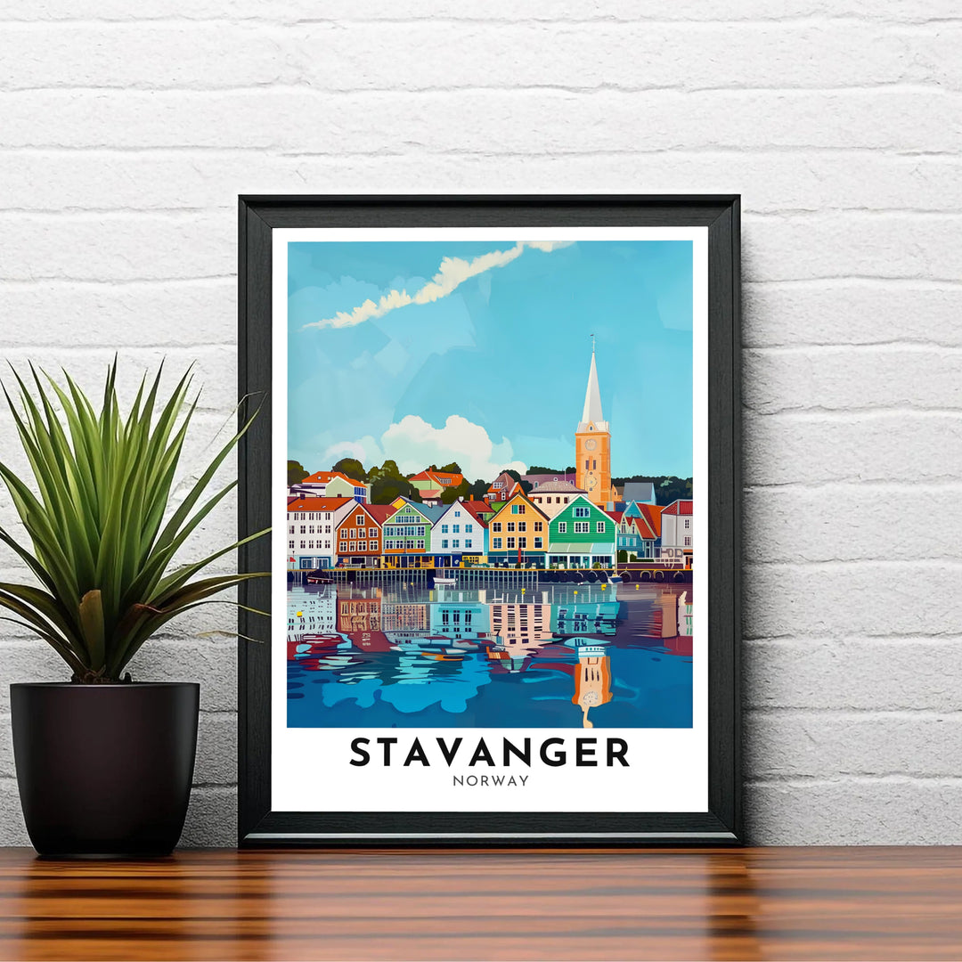Bright vector illustration of the Stavanger waterfront in Norway showing red, yellow, mint green, and teal wooden building facades along the pier. Created by MapYourDreams, this fine art selection includes presentation formats like unframed poster paper, solid wood framed prints, and gallery canvas wraps.