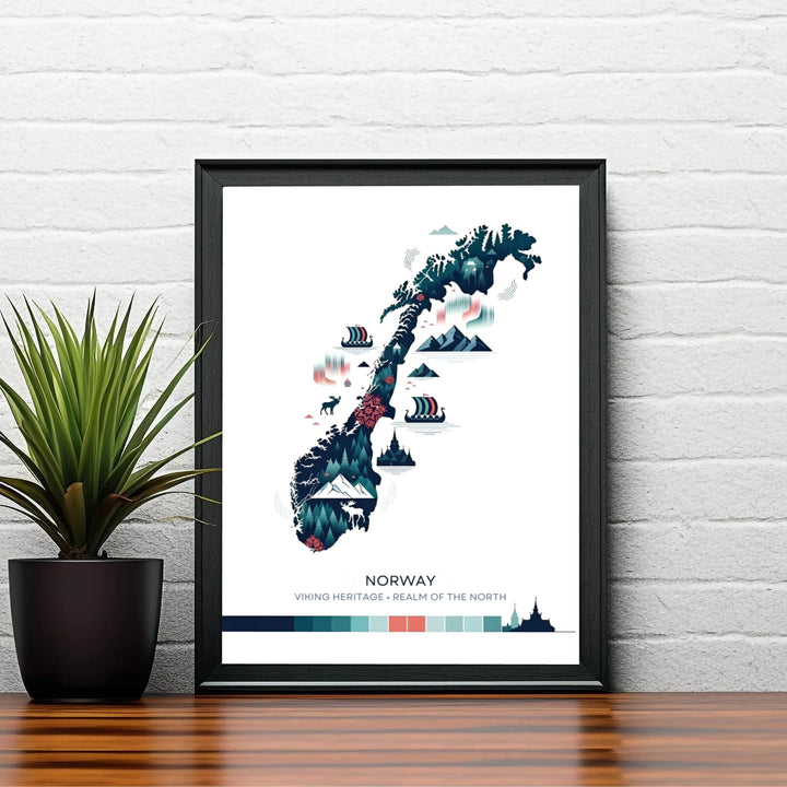Vector folk art map print showing the country shape of Norway decorated with pine tree forests, wildlife silhouettes, and a bottom color palette block. Created by MapYourDreams, this fine art selection includes presentation formats like unframed poster paper, solid wood framed prints, and gallery canvas wraps.