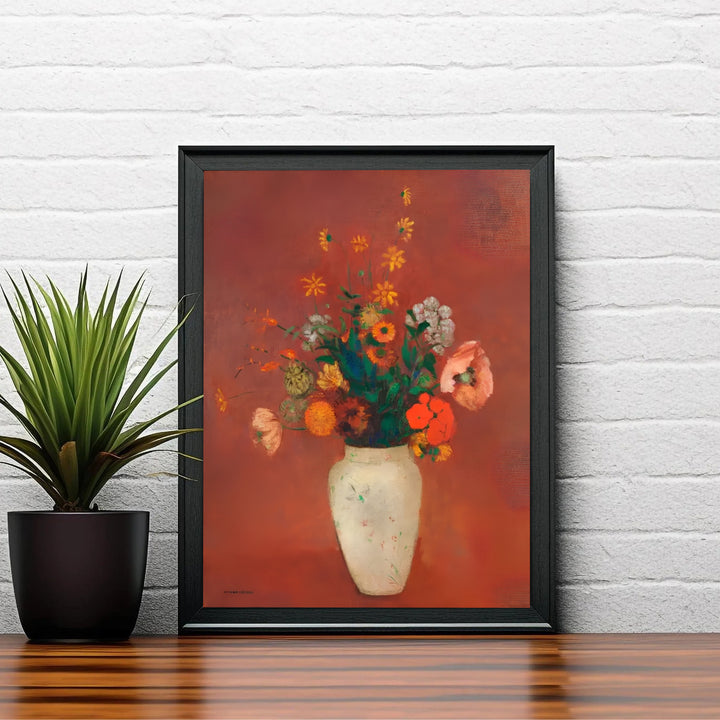 The harmonious blend of fiery red tones and delicate pastel blossoms in Odilon Redon&