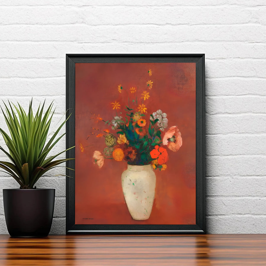 The harmonious blend of fiery red tones and delicate pastel blossoms in Odilon Redon&
