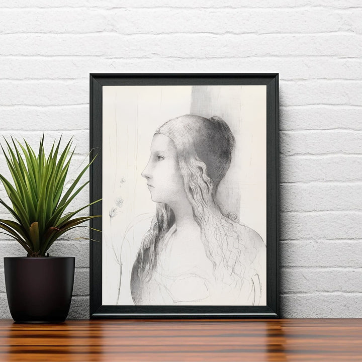 Elegant lithographic illustration of Brünnhilde by Symbolist master Odilon Redon, showcasing intricate pencil textures. Offered in MapYourDreams&