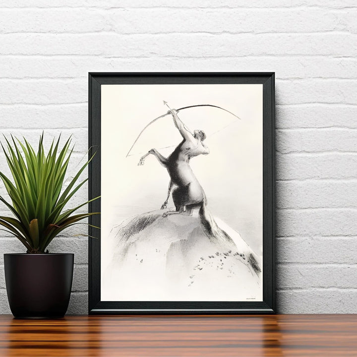 Historical French Symbolist lithograph Centaur Aiming At The Clouds by Odilon Redon from 1894-1895 displaying mythic grandeur. Curated by MapYourDreams, shoppers can select from unmounted paper posters, custom picture frames, or gallery canvas wraps to suit any room design.