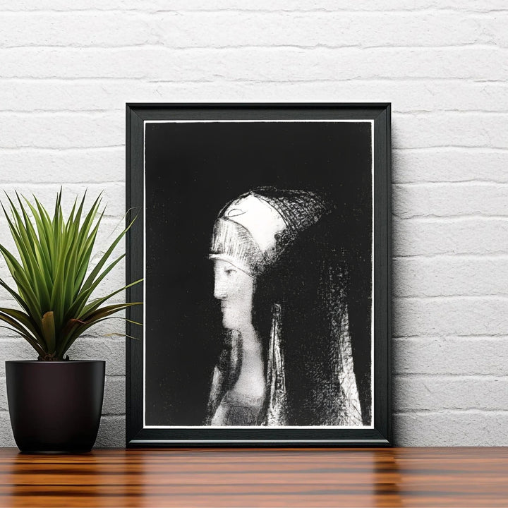 Elegant lithographic print of a veiled priestess profile from Odilon Redon&