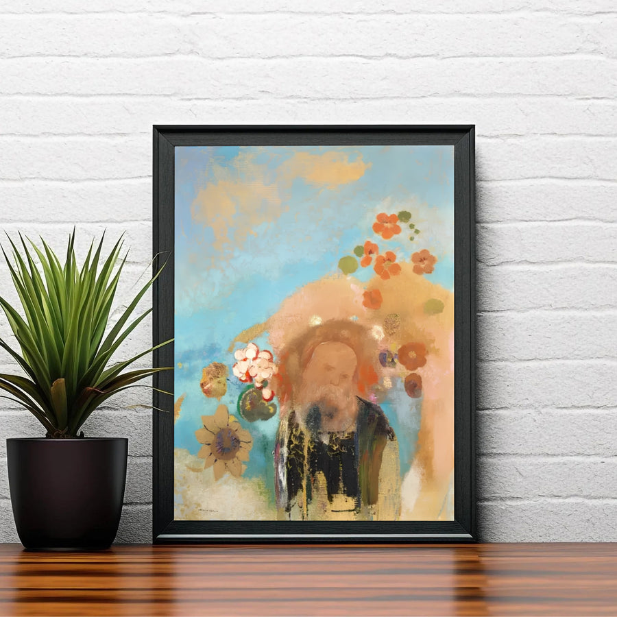Elegant pastel illustration of a contemplative figure amidst blossoms from Odilon Redon&